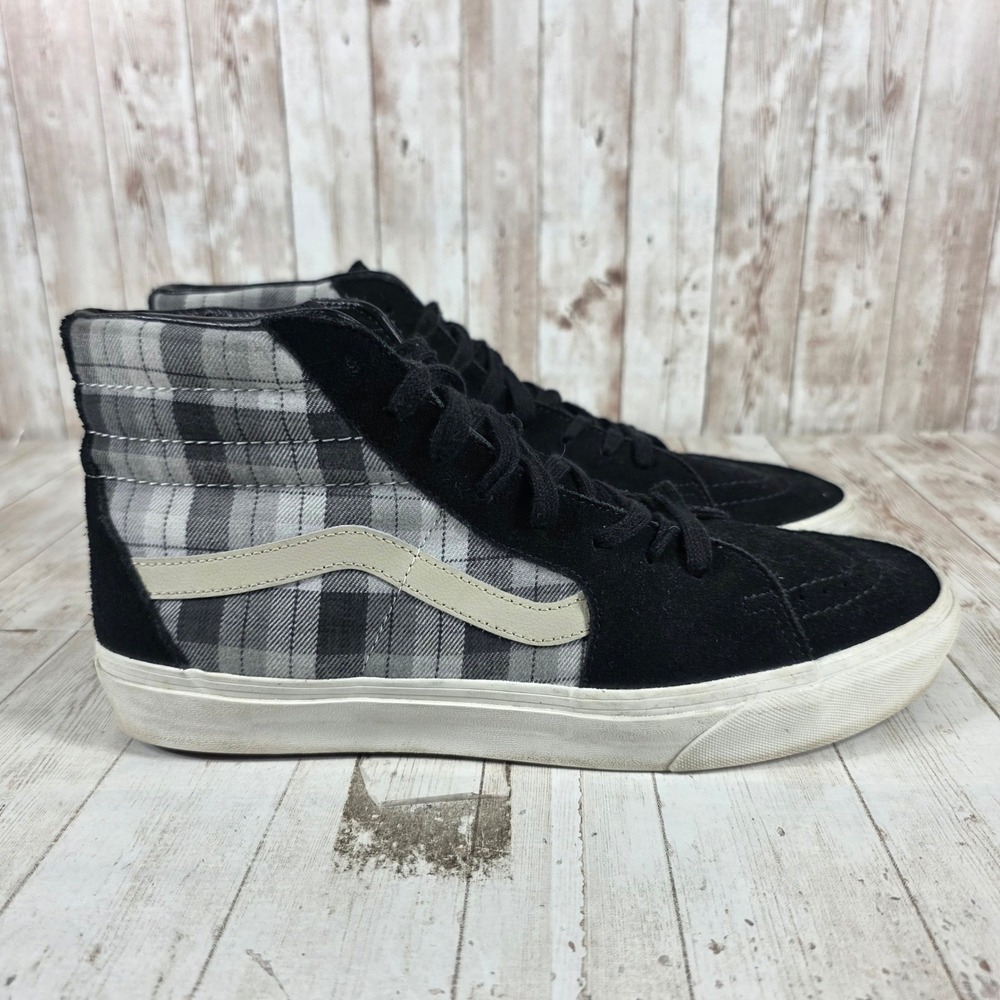 Vans Sk8-Hi Mens 11 Black Suede Grey Plaid High Top Sneakers 751505